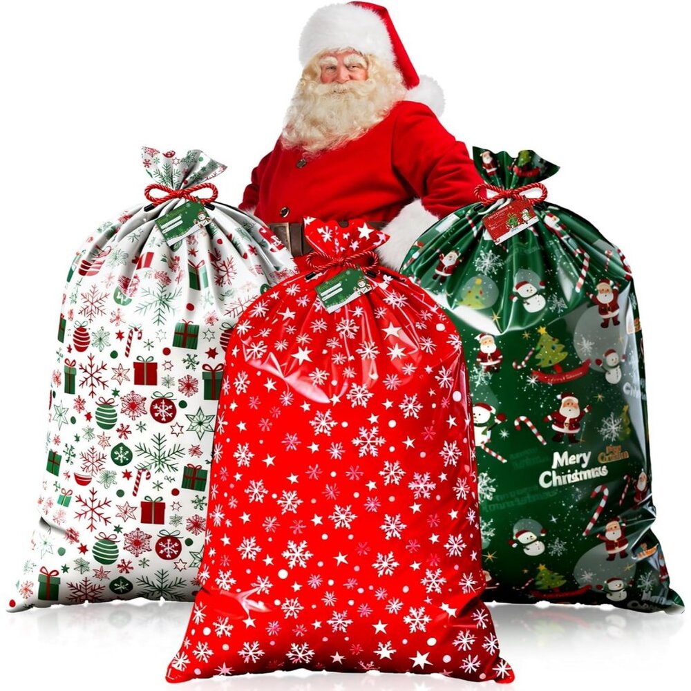 55x36 Inch Large Christmas gift Bags 3-Pack Santa Bags with Strings Christmas
